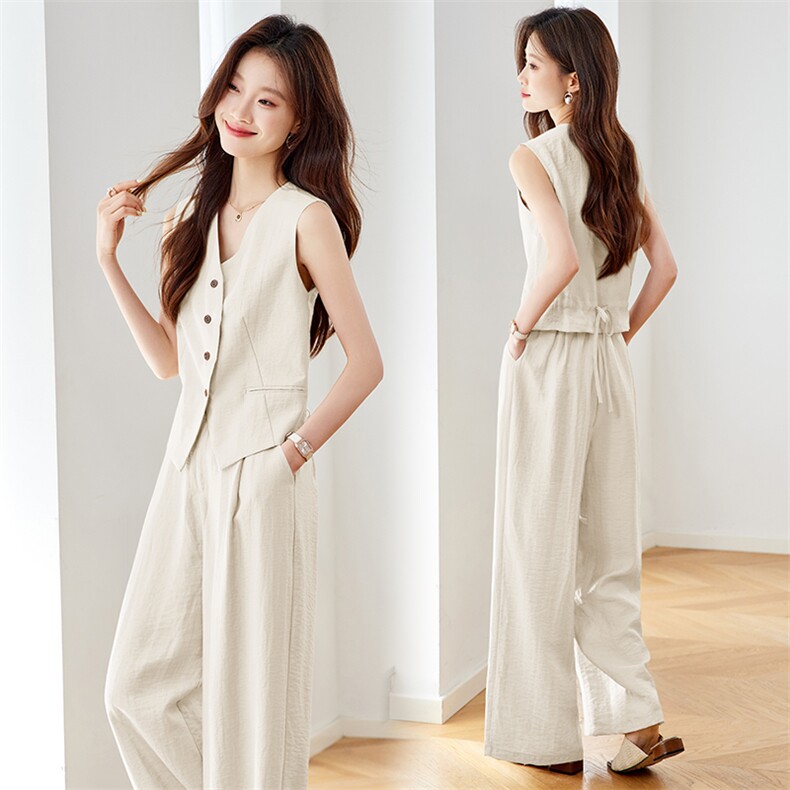 老钱风亚麻西装马甲阔腿两件套女2025新款夏季薄款时尚巨好看套装，女装套装/套裙，慕咨