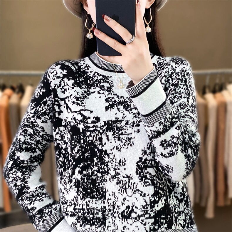 水墨印花长袖纯棉线针织衫女圆领套头毛衣洋气内搭外穿保暖上衣，女装针织衫/毛衣，斯美雅安迪绒