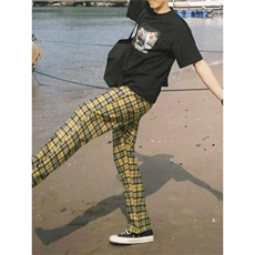 春秋款美式复古黄色格子长裤男生cleanfit日常慵懒休闲裤宽松直筒，男装休闲裤，星座506A