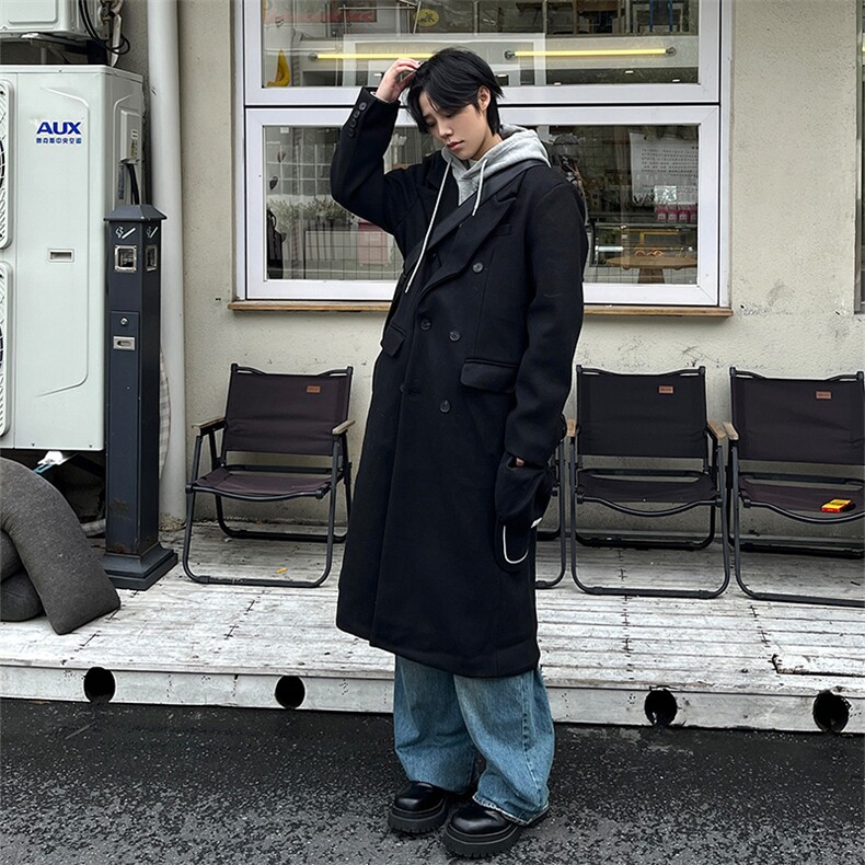 自拍图~韩系中长款呢子大衣cleanfit双排扣过膝风衣外套Y902-P138，男装风衣，星座1004-3