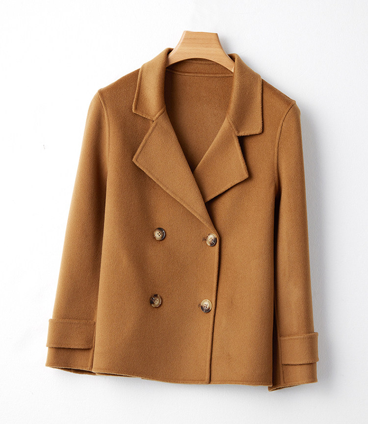 秋冬季10%羊绒90%羊毛休闲简约时尚百搭经典V领短款大衣，女装双面呢大衣，水之秀羊绒大衣