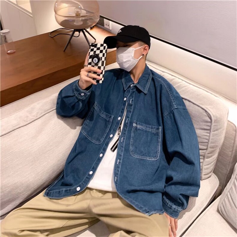 牛仔衬衫男长袖韩版潮流高级感男装工装衬衣宽松日系休闲外套,男装衬衫,星座410-7