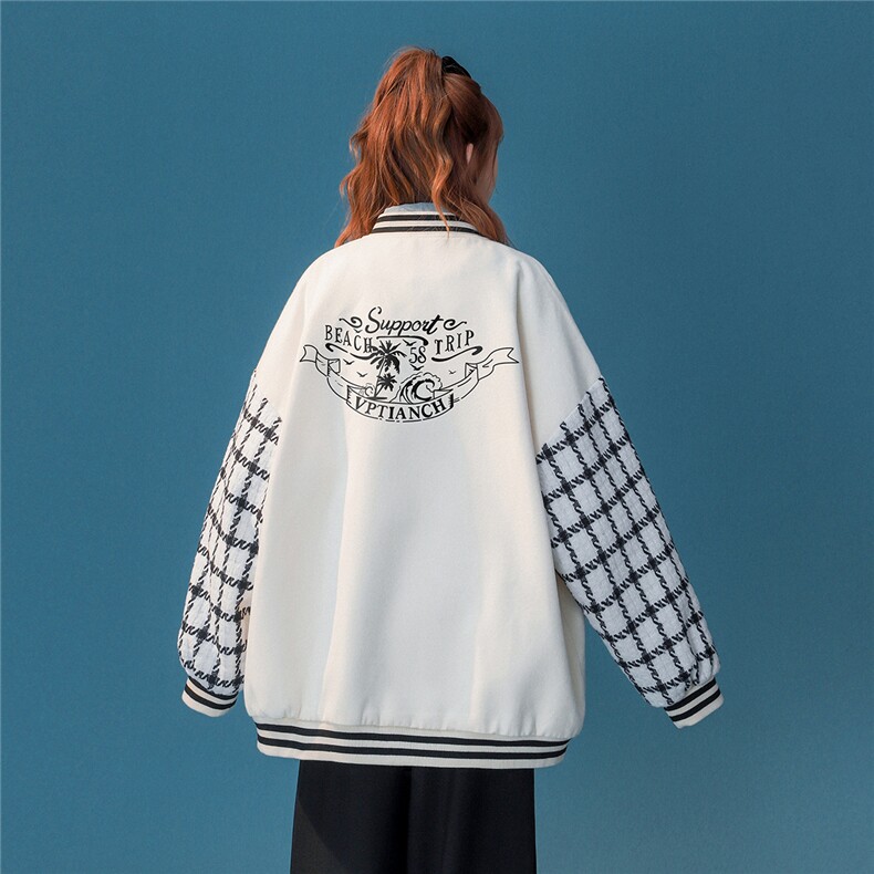中性风秋季新款棋盘格袖子设计感宽松棒球服夹克外套G703P85控98,男装夹克,A247A