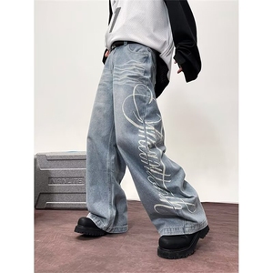 复古拼接工装牛仔裤男生宽松高街阔腿直筒长裤 1001-1-FN429-P52图片