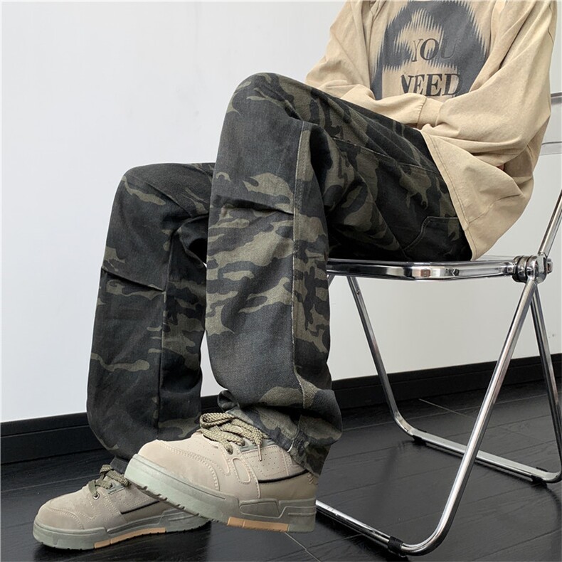 2025秋冬新款美式高街抽绳伞兵迷彩直筒牛仔裤男CK666 P55图片