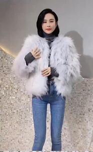 淑女气质珠珠款貉子毛编织皮草外套图片