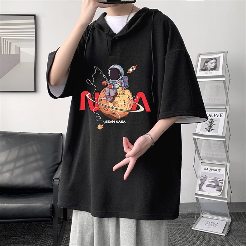 LD54287-P45NASA 连帽短袖t恤男大码胖子带帽五分袖中袖图片