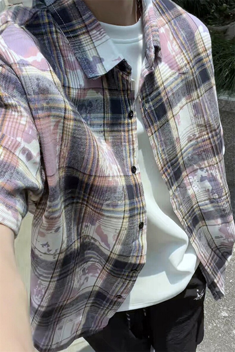 牛油果绿色扎染格子衬衫男款高级感早秋外套cleanfit格纹长袖衬衣,男装衬衫,电商A007