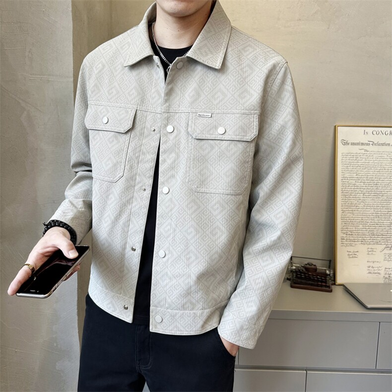 秋季新款翻领皮衣夹克百搭上衣男日系复古工装夹克P801-P135图片