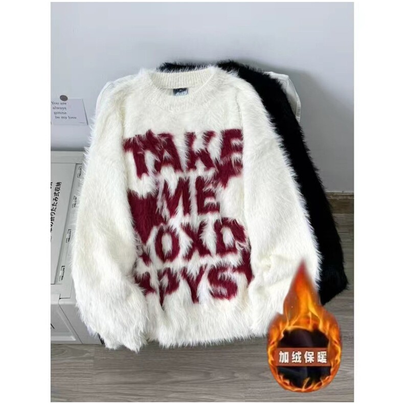 美式复古字母提花圆领毛衣男女秋冬宽松仿水貂毛套头针织衫潮，男装针织衫/毛衣，星座1210-1