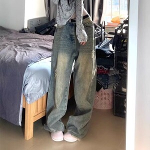 美式复古阔腿牛仔裤男女2025新款高腰破洞设计感宽松垂感拖地裤图片
