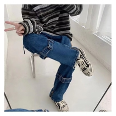 街头高街潮牌ins复古绑带工装多口袋直筒大码牛仔长裤男女潮~M809，男装牛仔裤，星座601-2