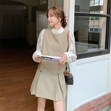 学院风卡其色背心裙女时尚两件套2025秋季新款韩系休闲衬衣套装，女装套装/套裙，2D035