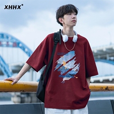 少年感短袖T恤男生夏季纯棉重磅情侣款潮牌宽松大码五分中袖上衣，男装T恤，星座715-7