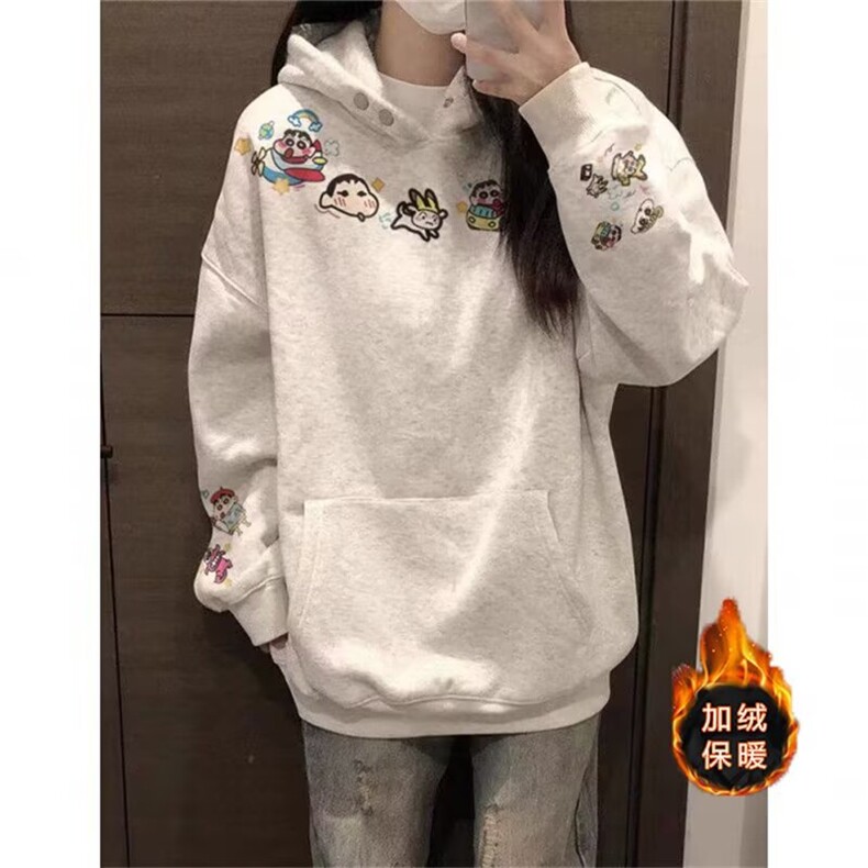 趣味蜡笔小新刺绣纽扣连帽卫衣男秋冬2025新款休闲宽松高级感上衣图片
