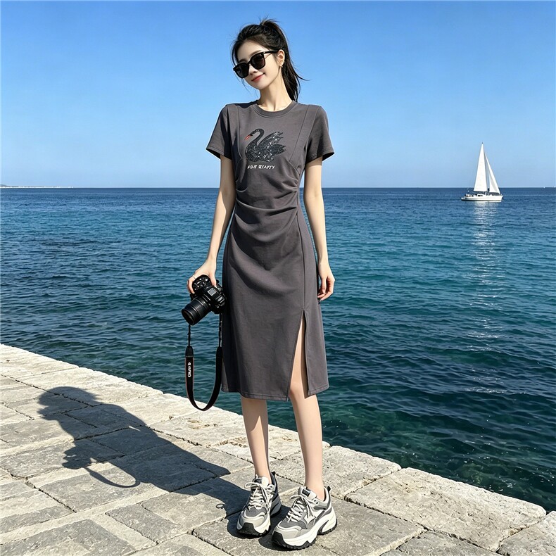 韩版时尚减龄连衣裙女夏款褶皱修身天鹅亮片开叉中长款灰色A字裙,女装连衣裙,江南