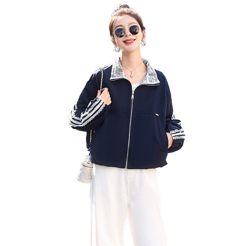 立领蕾丝拼接条纹短外套女2025春秋季新款宽松显瘦冲锋衣夹克上衣,女装短外套,木橙西子