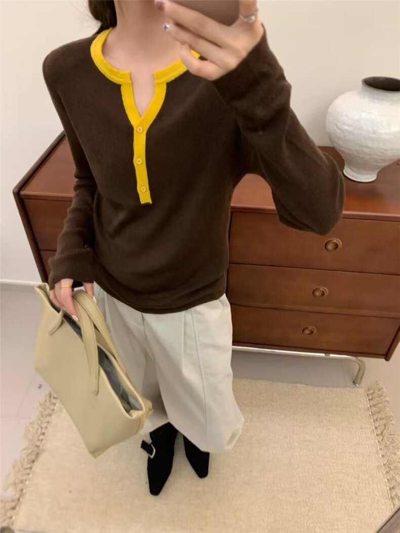 2025年秋季新款拼色针织女士打底衫时尚休闲通勤百搭，女装针织衫/毛衣，恒旺羊绒