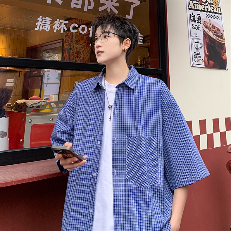 格子短袖衬衫男夏季新款港风宽松纯棉衬衣DX101-P35,男装衬衫,星座214-3