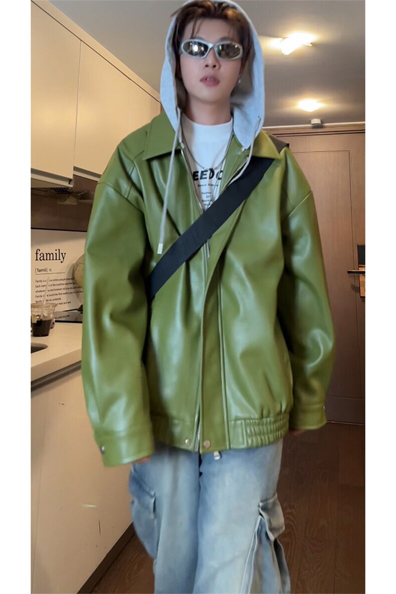 春季新款QM2639-TP6598青少年男女可穿休闲宽松连帽皮夹克,男装夹克,电商A102