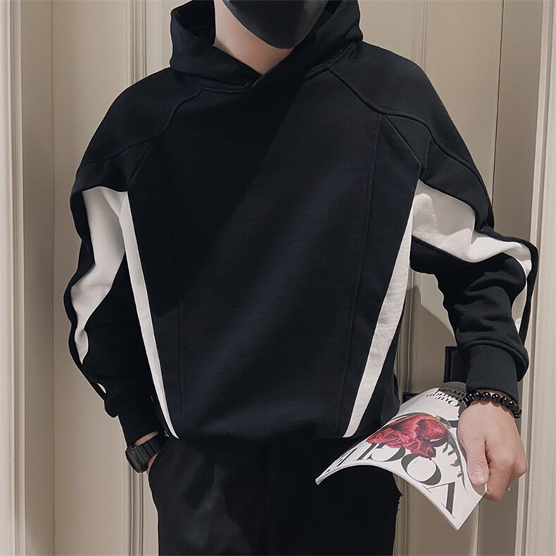 AW96/P78控108秋季社会小伙连帽拼接撞色结构长袖卫衣男黑首,男装卫衣,星座305B-1