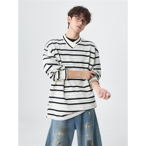 现货PL22-P55控88不规则翻领条纹polo衫男长袖秋季宽松休闲上衣服图片
