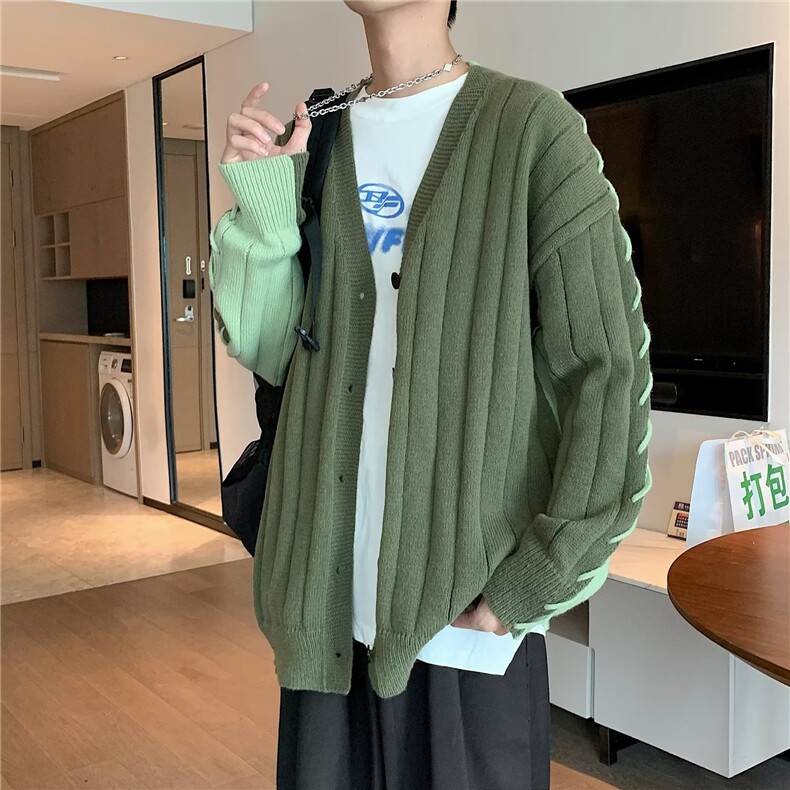 新款港风复古拼色加厚开衫毛衣男宽松V领学生百搭M3120-P58,男装针织衫/毛衣,星座1109-3
