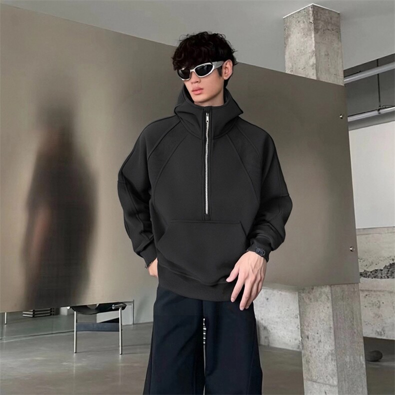 抖音得物二开美式重磅宽松结构拉链设计防风高领连帽卫衣外套W76,男装卫衣,电商A486