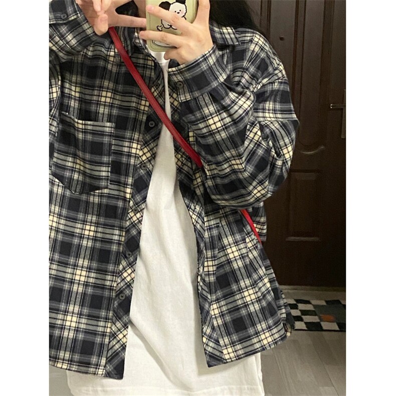 蓝色藏青格子衬衫男美式复古长袖衬衣春季情侣装V3211-P38,男装衬衫,星座1007（原301D）