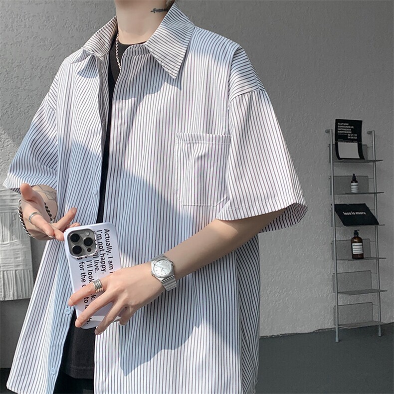 8XL-M 条纹短袖衬衫男夏季宽松慵懒风痞帅大码衬衣外套DC28001P40图片