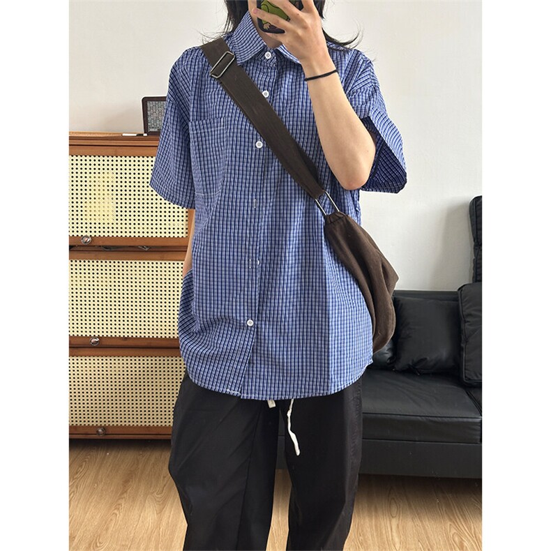 格子衬衫春夏美式短袖衬衫港风情侣装休闲衬衣CS286-P30,男装T恤,星座301C-5