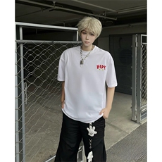 抖音得物210克现货宽松纯棉美式潮牌印花落肩袖纯棉T恤AT21118，男装T恤，电商A443