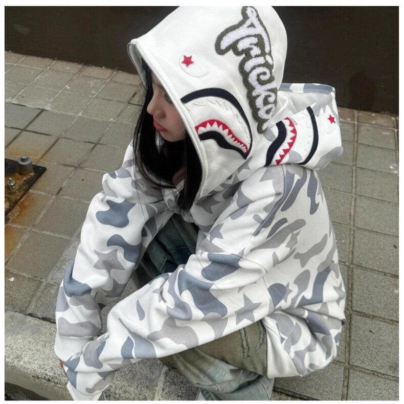 现货 双帽迷彩鲨鱼卫衣外套女冬hiphop潮牌情侣帽衫WB375-P49图片