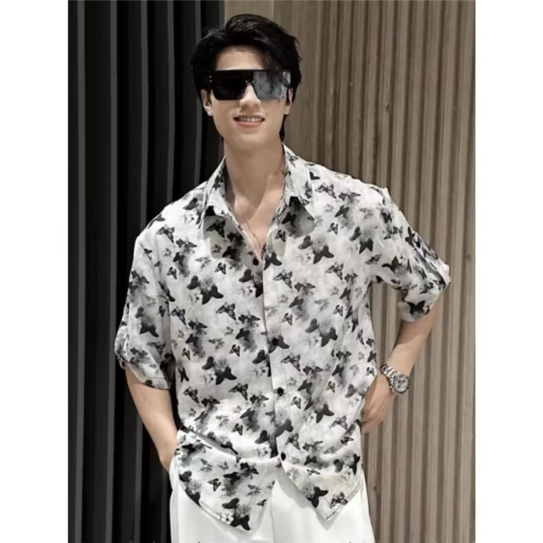 痞帅男装夏季套装时尚潮流穿搭高级感新款蝴蝶印花衬衫男冰丝一套,男装衬衫,电商B212（原钱塘6029）