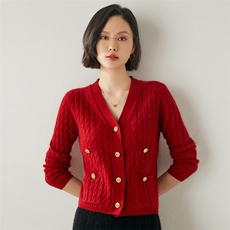 小香风V领山羊绒开衫女长袖带兜毛衣外套宽松羊绒外搭针织上衣，女装羊绒衫，绒创羊绒