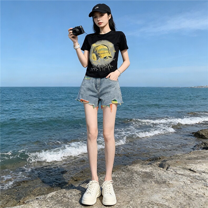 女夏季新款韩版运动休闲套装卡通印花圆领短袖宽松牛仔短裤两件套，女装套装/套裙，江南