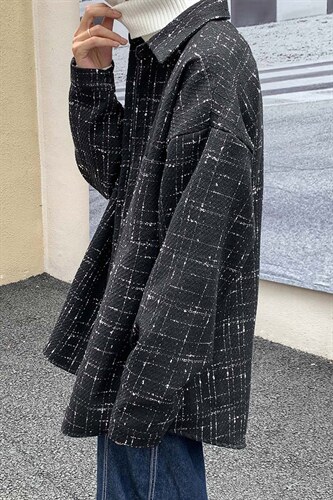 加厚格子衬衫男士潮流宽松高街潮牌秋季呢料休闲衬衣外套DX129P60,男装衬衫,电商B413-1