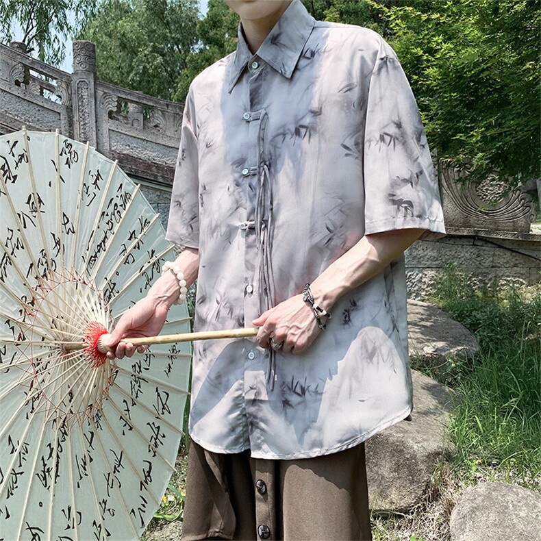 新中式竹叶渲染印花短袖衬衫男款夏季国风冰丝衬衣大码盘扣中山装,男装T恤,电商A021