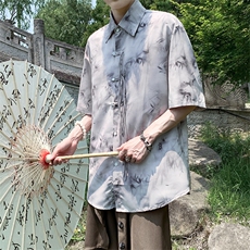新中式竹叶渲染印花短袖衬衫男款夏季国风冰丝衬衣大码盘扣中山装，男装T恤，电商A021