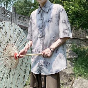 新中式竹叶渲染印花短袖衬衫男款夏季国风冰丝衬衣大码盘扣中山装图片