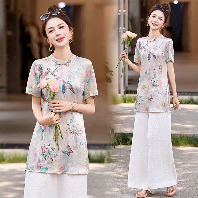 新中式盘扣改良旗袍上衣女2026夏新款超好看气质蝴蝶印花短袖衬衫，女装套装/套裙，美沁