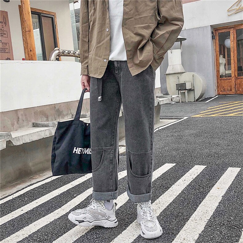 港风春款男牛仔裤工装大口袋宽松直筒九分裤N,男装牛仔裤,星座1013-1