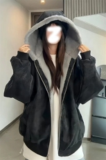 美式pu皮座山雕棉服外套男款冬加绒加厚保暖短款毛领棉衣连帽夹克，男装棉衣，电商A001-1