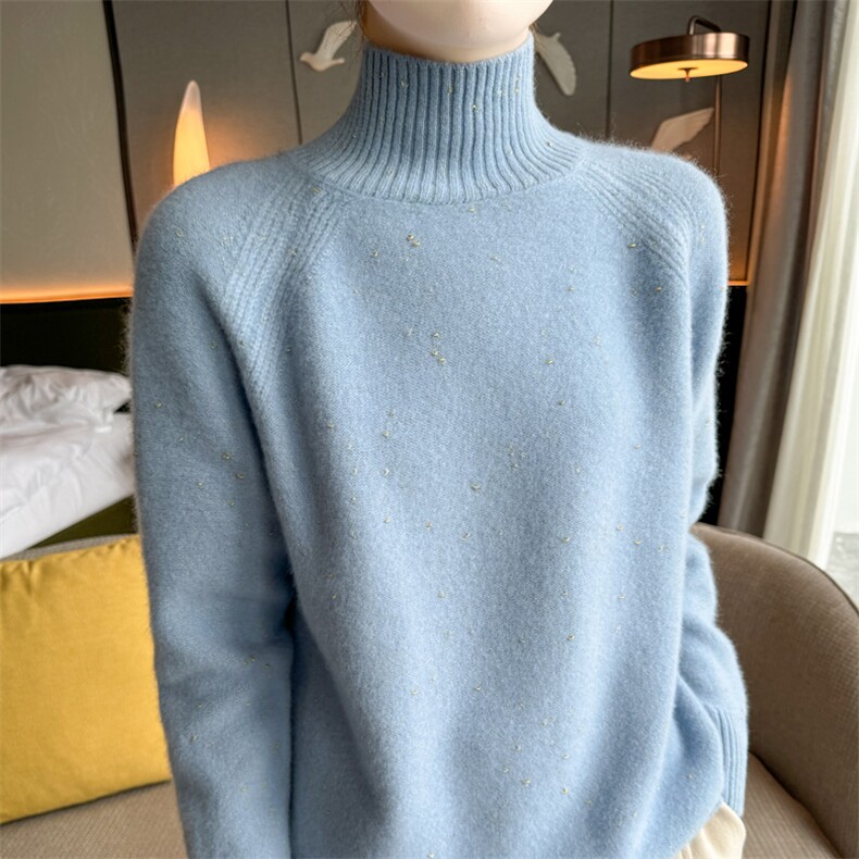 25秋冬100%纯羊毛衫女半高领重工钉珠加厚长袖毛衣宽松打底羊绒衫,女装羊毛衫,迅太羊绒