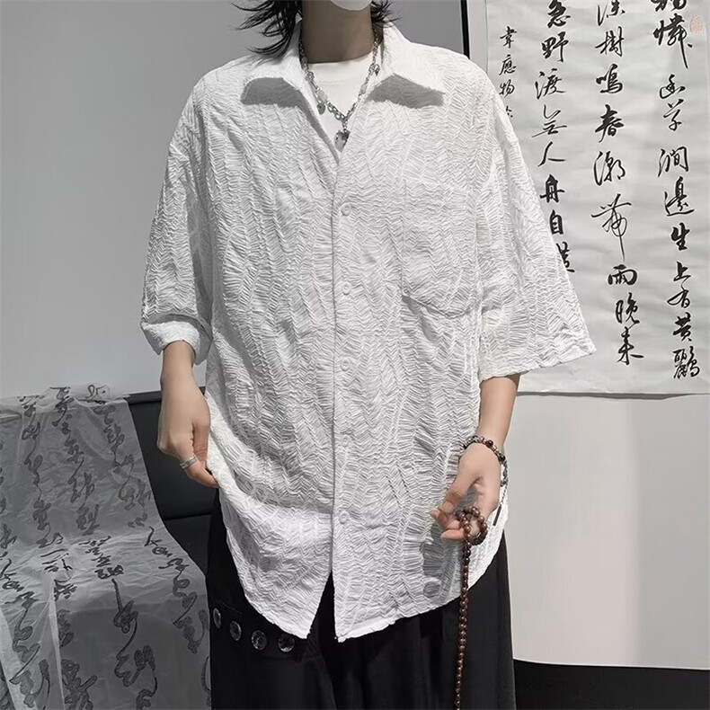 提花衬衫短袖男士夏季薄款纯色休闲潮牌五分衬衣服夏天CS22P40,男装衬衫,星座410-2