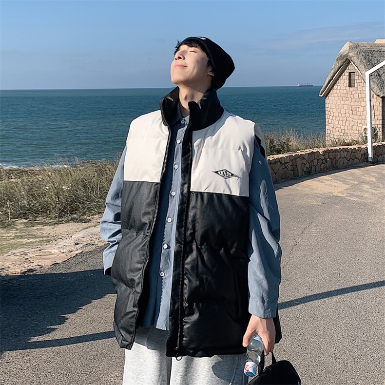 2026秋冬装羽绒棉马甲男加厚拼色立领PU皮坎肩MJ17588/P85白色,女装马甲,电商A094