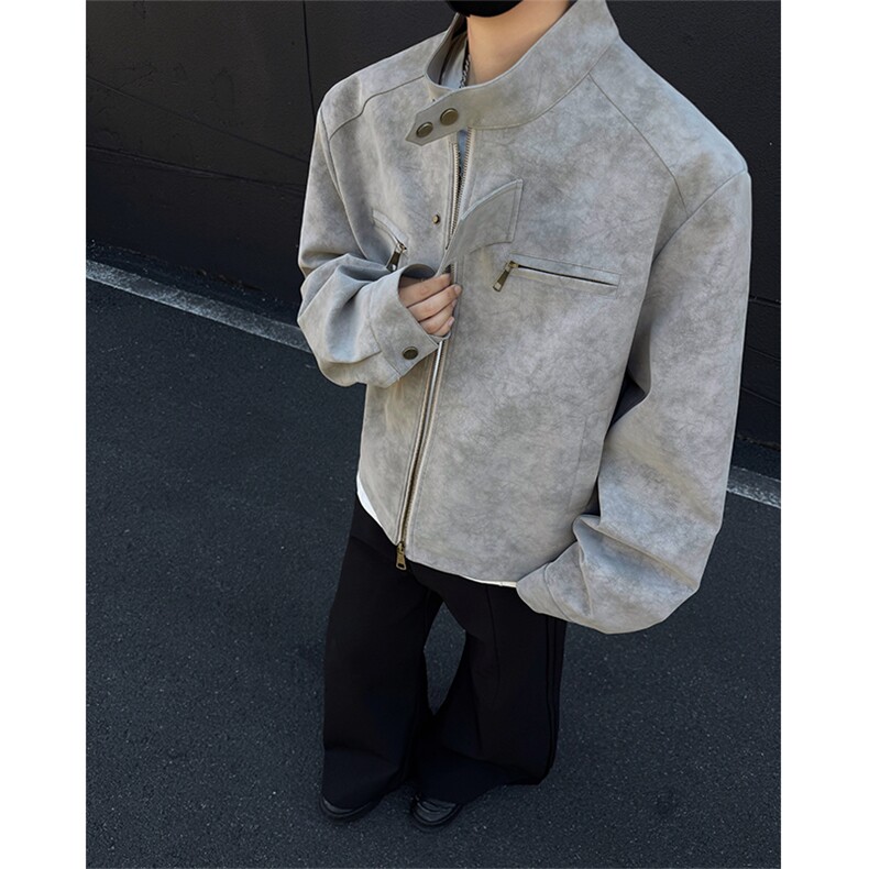 JK9922-P75控128秋季老钱风短款宽松夹克外套男潮牌扎染垫肩皮衣,男装夹克,电商A058-1（原电商C417）