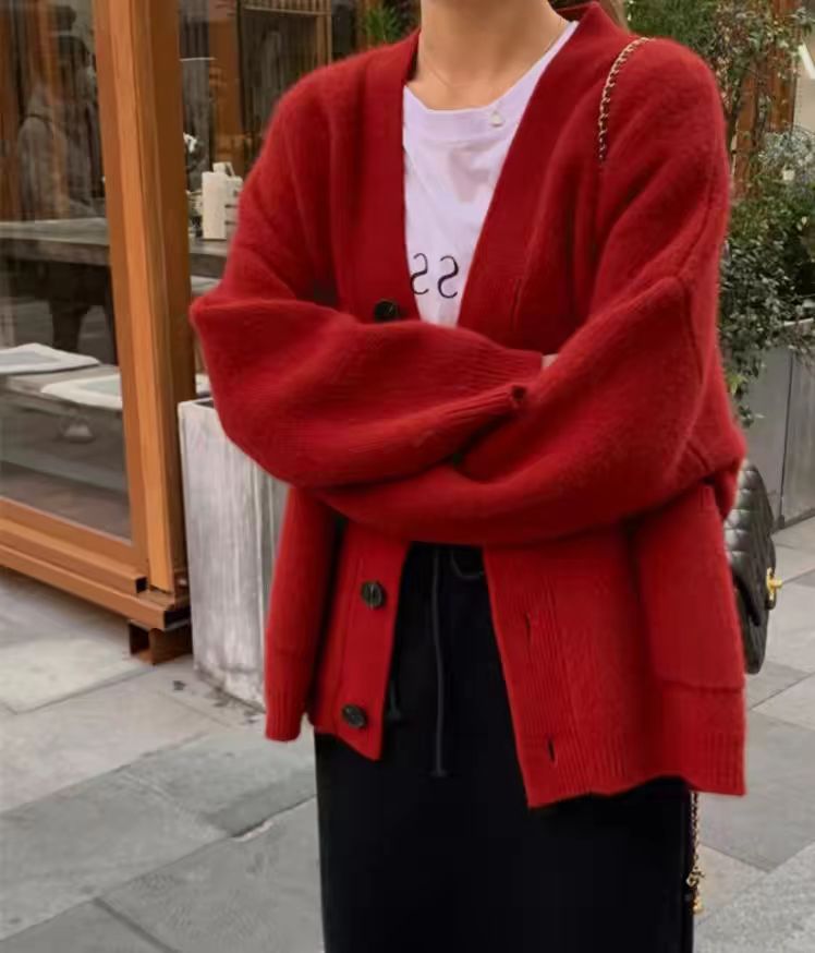 长袖针织开衫女宽松百搭纯色羊毛休闲外套上衣,女装羊毛衫,恒恩羊绒