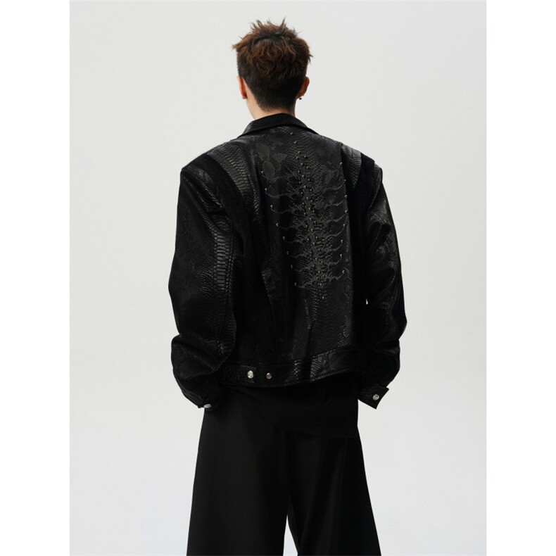706-LK6962-P138现货原版品质秋季蛇纹皮铆钉刺绣pu皮夹克外套,男装夹克,星座706