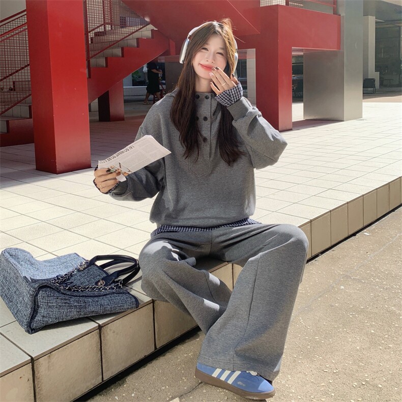 学院风格子拼接连帽卫衣套装女2025秋季新款韩版运动休闲两件套潮,女装套装/套裙,浙宝217